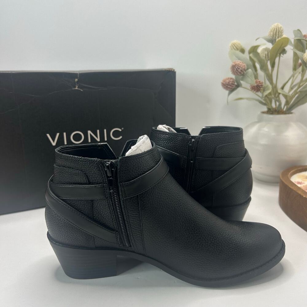 Vionic Farrah Leather Block Heel Side Zip Boot Black Women 8 Medium NWB - Picture 6 of 10